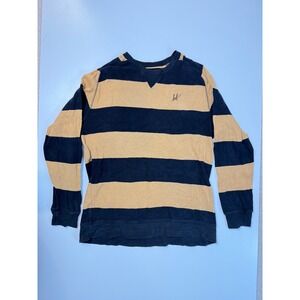 HUF Striped Long Sleeve‎ Sweatshirt Mens XL Navy Tan V Neck Casual Pullover